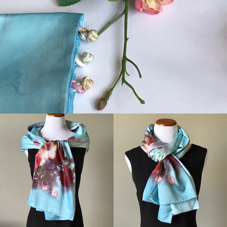 Pink floral 100% Silk Satin smooth soft Long double fabric Scarf with buttons - The Lotus Wave