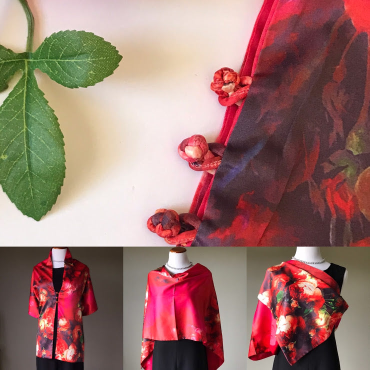 Pink floral 100% Silk Satin smooth soft Long double fabric Scarf with buttons - The Lotus Wave