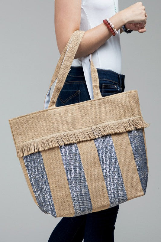 Woven Jute Stripe Metallic Tote Bag summer shoulder bag - The Lotus Wave