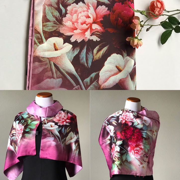 Pink floral 100% Silk Satin smooth soft Long double fabric Scarf with buttons - The Lotus Wave