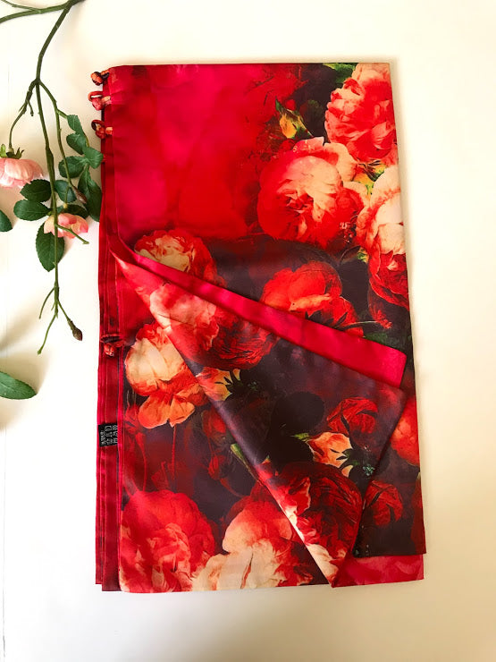 Pink floral 100% Silk Satin smooth soft Long double fabric Scarf with buttons - The Lotus Wave