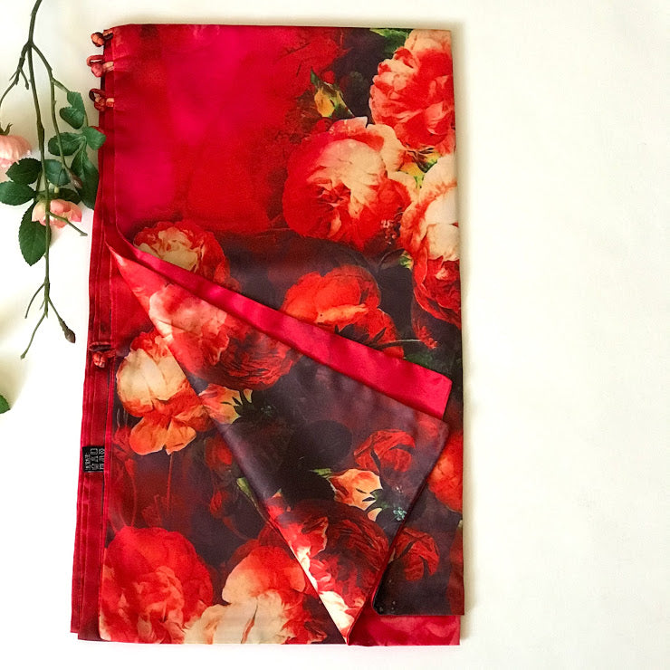 Pink floral 100% Silk Satin smooth soft Long double fabric Scarf with buttons - The Lotus Wave