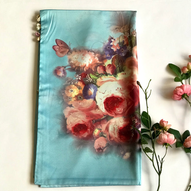 Pink floral 100% Silk Satin smooth soft Long double fabric Scarf with buttons - The Lotus Wave