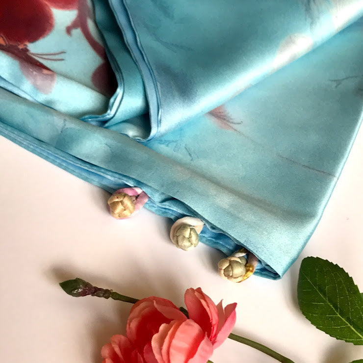 Pink floral 100% Silk Satin smooth soft Long double fabric Scarf with buttons - The Lotus Wave
