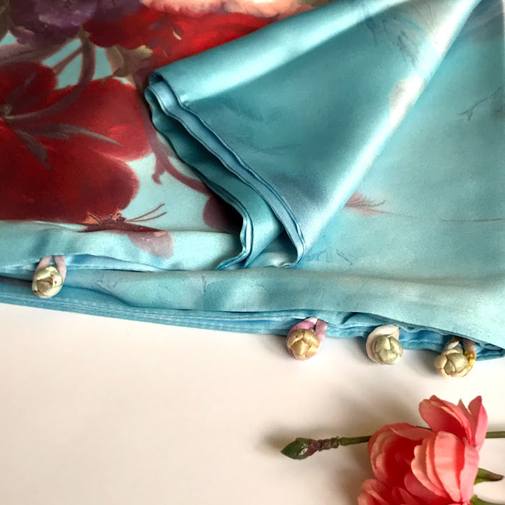 Pink floral 100% Silk Satin smooth soft Long double fabric Scarf with buttons - The Lotus Wave