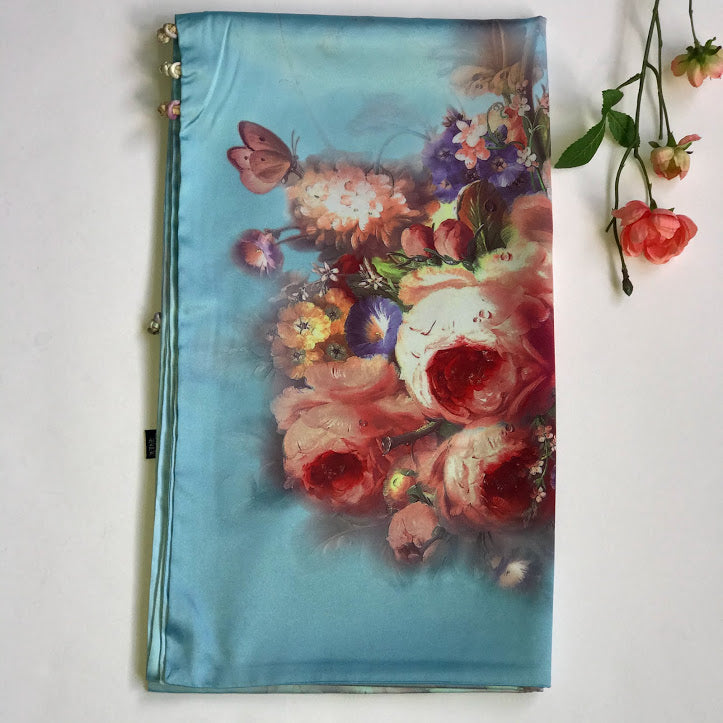 Pink floral 100% Silk Satin smooth soft Long double fabric Scarf with buttons - The Lotus Wave