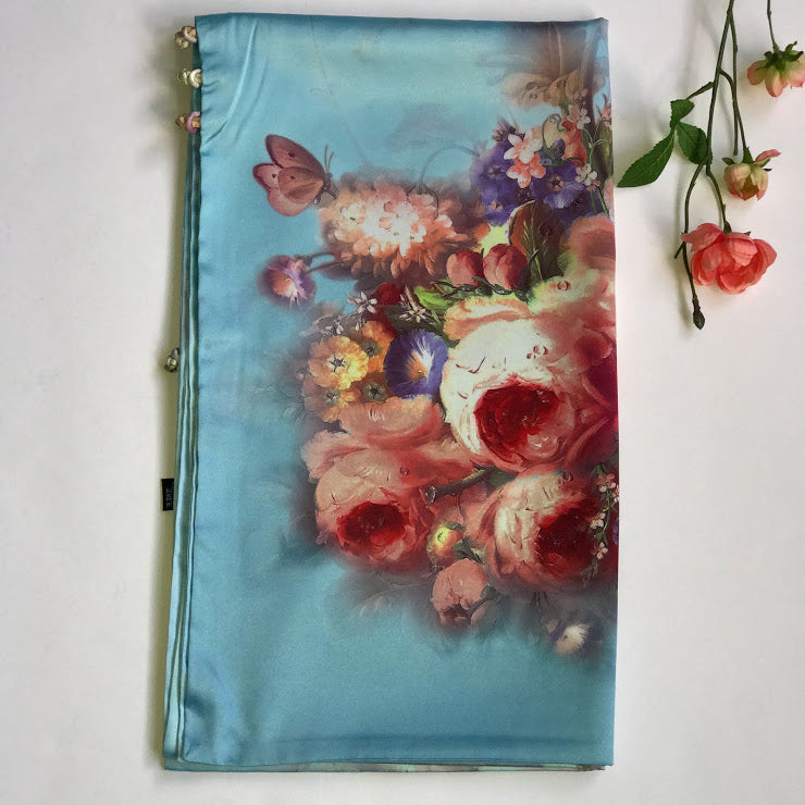 Pink floral 100% Silk Satin smooth soft Long double fabric Scarf with buttons - The Lotus Wave