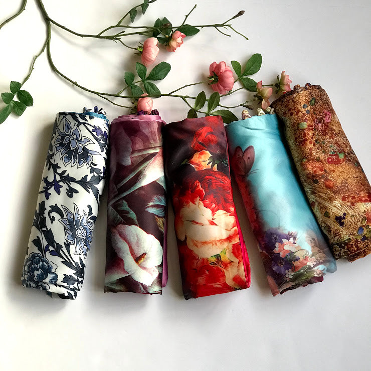 Red floral 100% Silk Satin smooth soft Long double fabric Scarf with buttons - The Lotus Wave