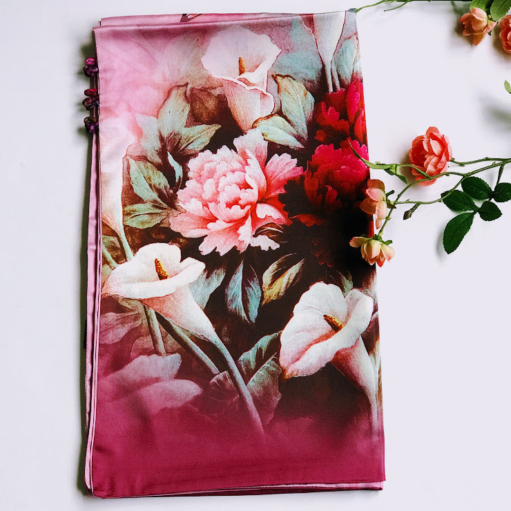 Pink floral 100% Silk Satin smooth soft Long double fabric Scarf with buttons - The Lotus Wave