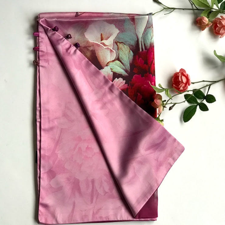 Pink floral 100% Silk Satin smooth soft Long double fabric Scarf with buttons - The Lotus Wave