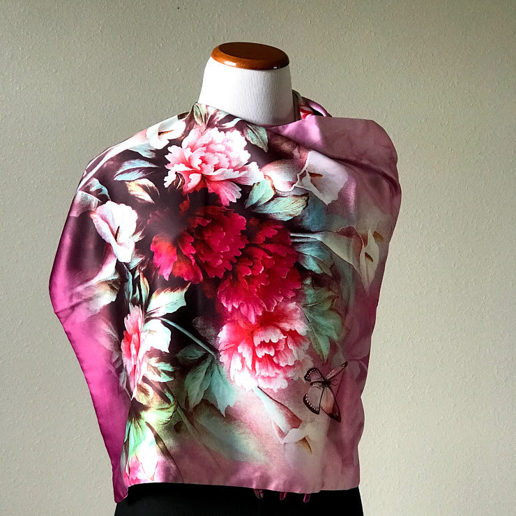 Pink floral 100% Silk Satin smooth soft Long double fabric Scarf with buttons - The Lotus Wave
