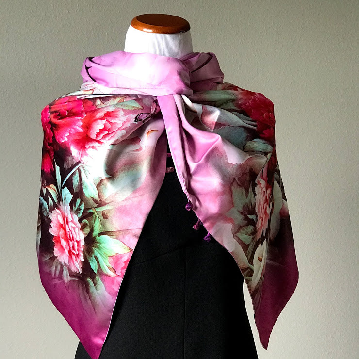 Pink floral 100% Silk Satin smooth soft Long double fabric Scarf with buttons - The Lotus Wave