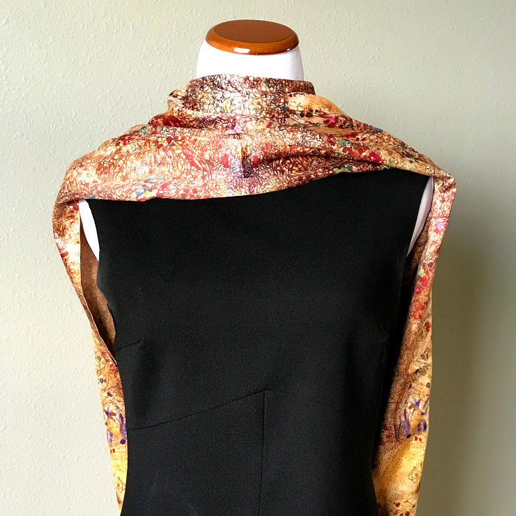 Gold floral 100% Silk Satin smooth soft Long double fabric Scarf with buttons - The Lotus Wave