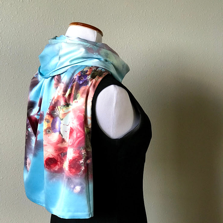 Pink floral 100% Silk Satin smooth soft Long double fabric Scarf with buttons - The Lotus Wave