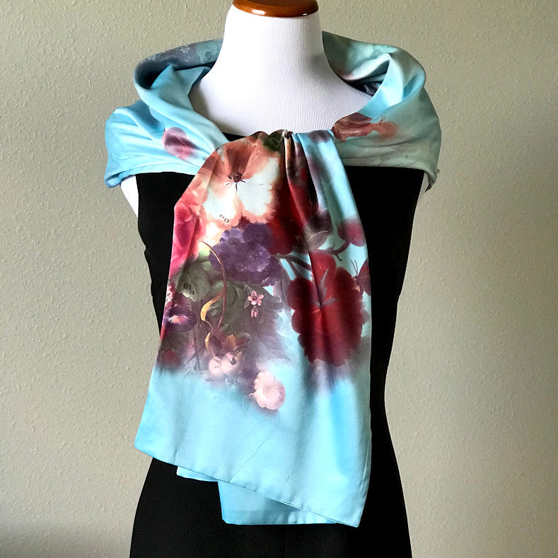 Pink floral 100% Silk Satin smooth soft Long double fabric Scarf with buttons - The Lotus Wave