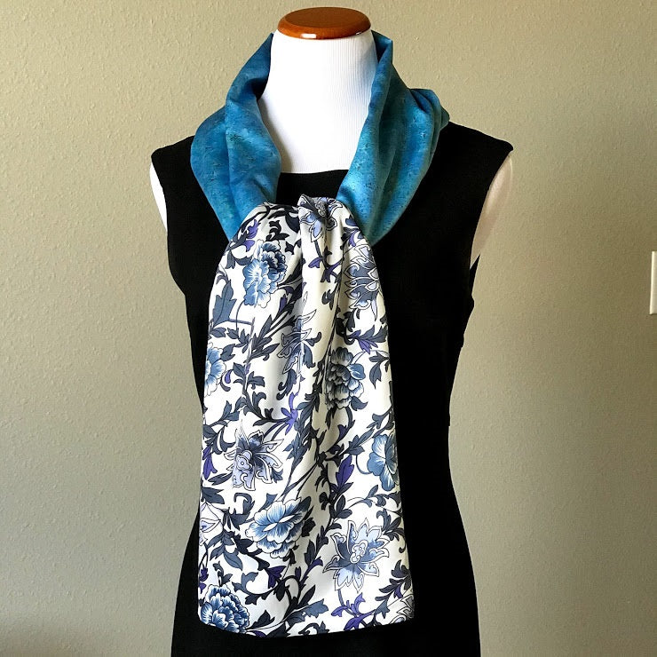 Blue white floral 100% Silk Satin smooth soft Long double fabric  Scarf with buttons - The Lotus Wave 