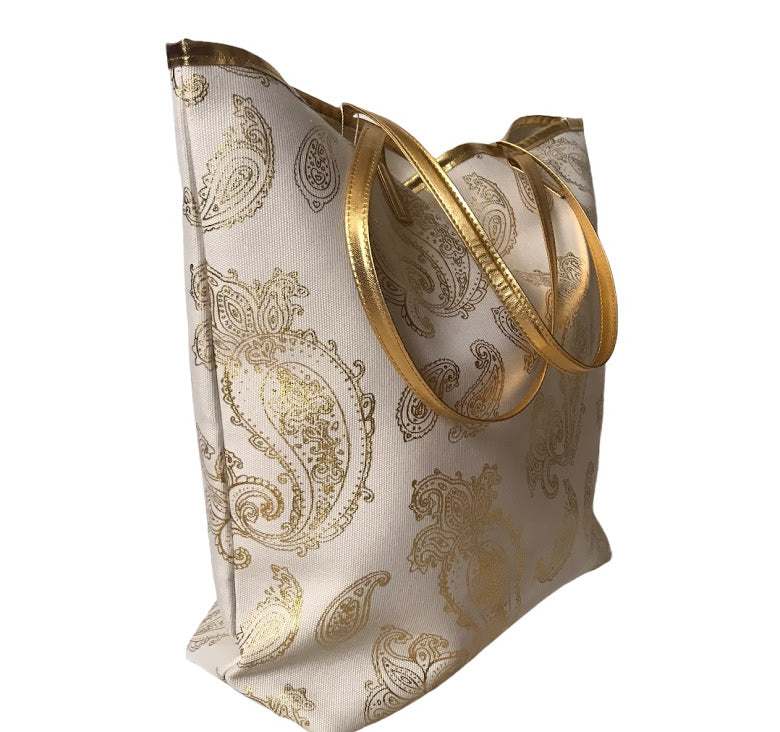 Foil paisley print Tote bag shoulder handbag matching wristlet set - The Lotus Wave