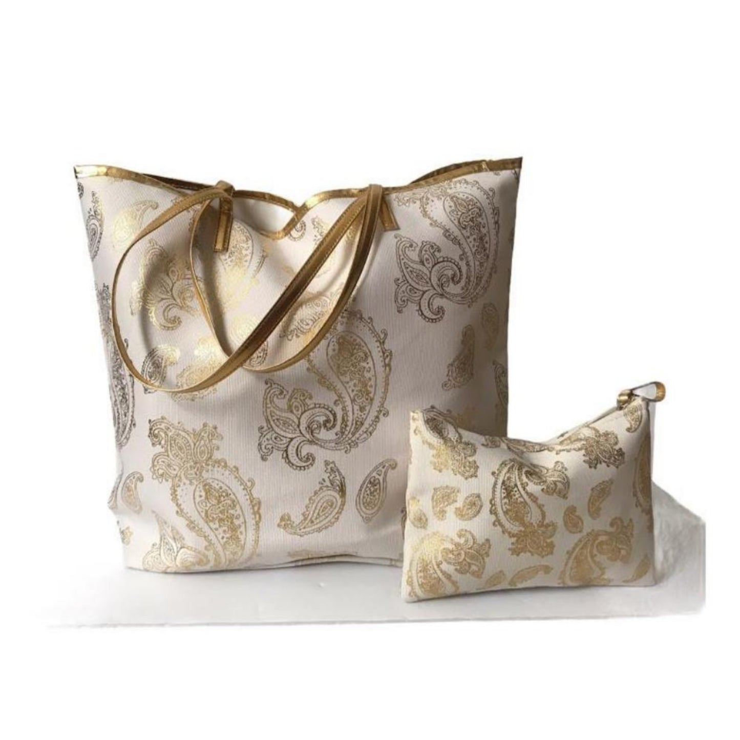 Foil paisley print Tote bag shoulder handbag matching wristlet set - The Lotus Wave