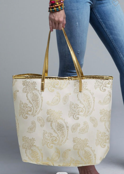 Foil paisley print Tote bag shoulder handbag matching wristlet set - The Lotus Wave
