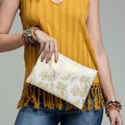 Foil paisley print Tote bag shoulder handbag matching wristlet set - The Lotus Wave