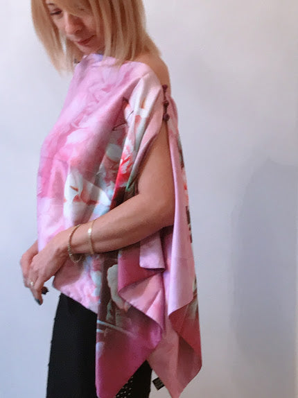 Pink floral 100% Silk Satin smooth soft Long double fabric Scarf with buttons - Stylish n Trendier