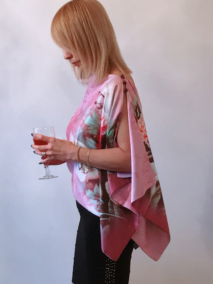 Pink floral 100% Silk Satin smooth soft Long double fabric Scarf with buttons - Stylish n Trendier