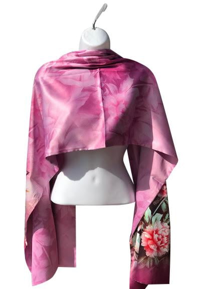 Pink floral 100% Silk Satin smooth soft Long double fabric Scarf with buttons - The Lotus Wave