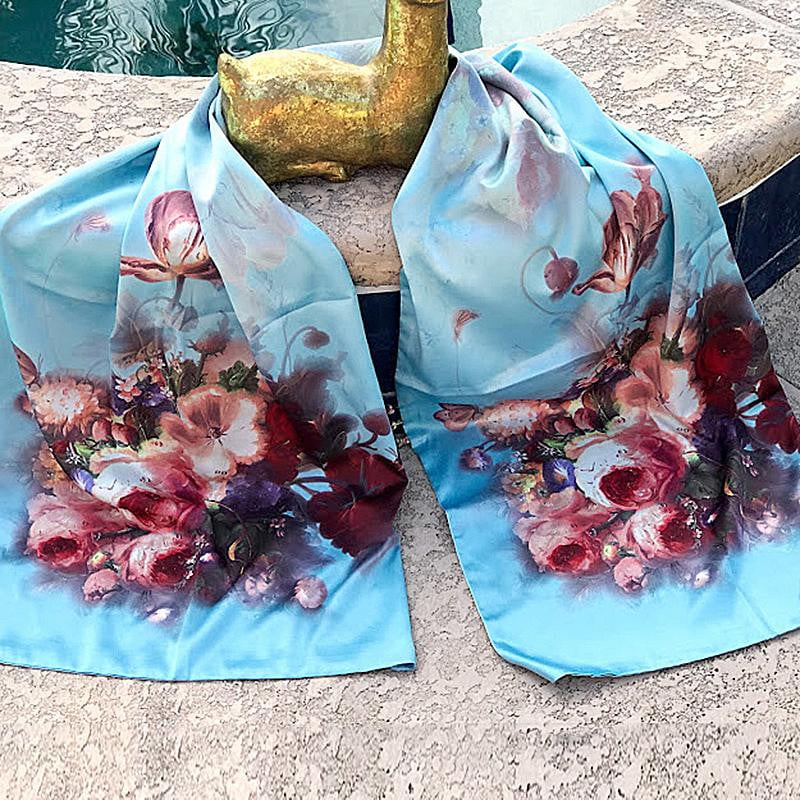 Blue 100% Silk Satin smooth soft Long double fabric Scarf with buttons - The Lotus Wave