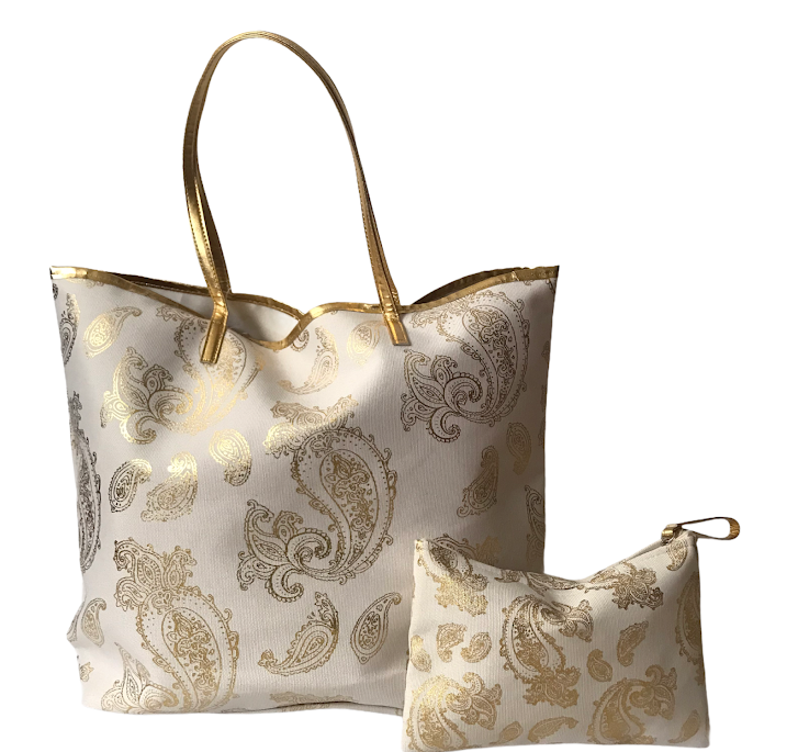 Foil paisley print Tote bag shoulder handbag matching wristlet set - The Lotus Wave