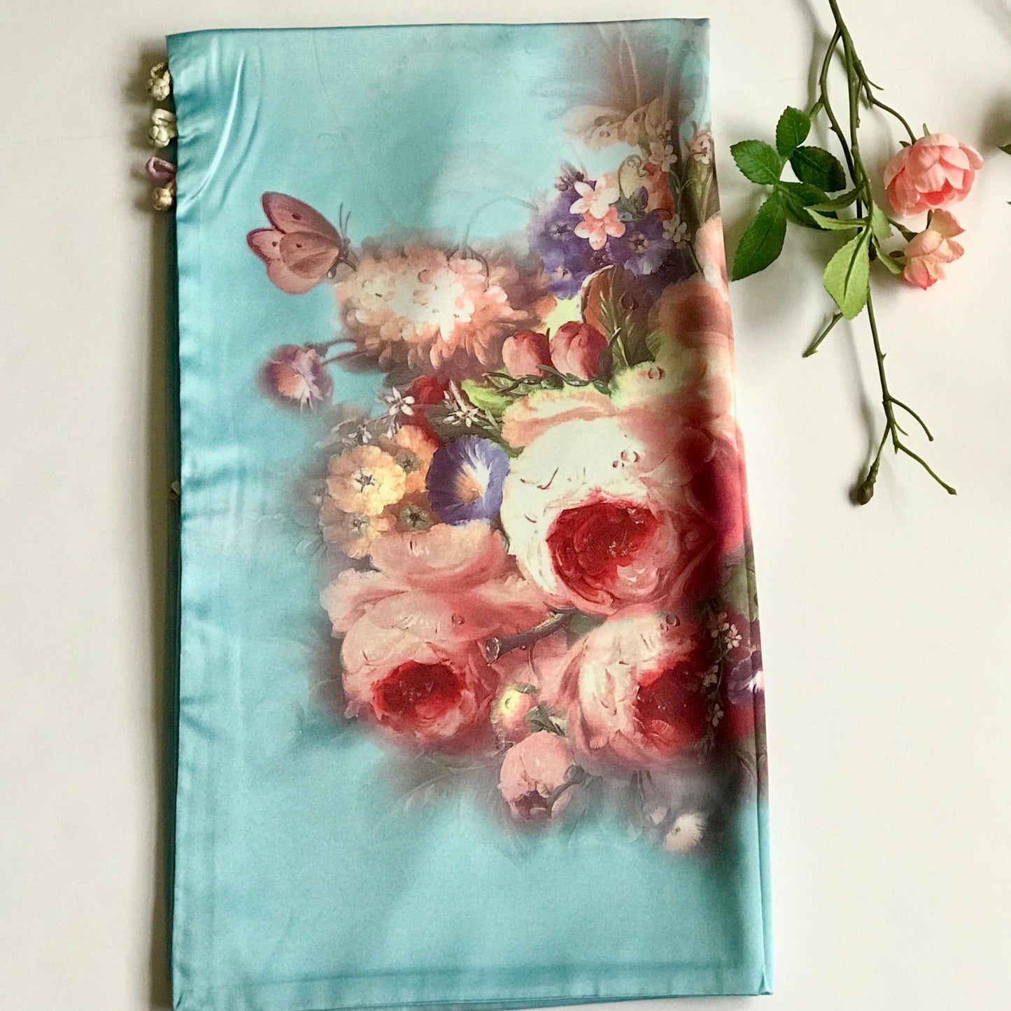 Pink floral 100% Silk Satin smooth soft Long double fabric Scarf with buttons - The Lotus Wave