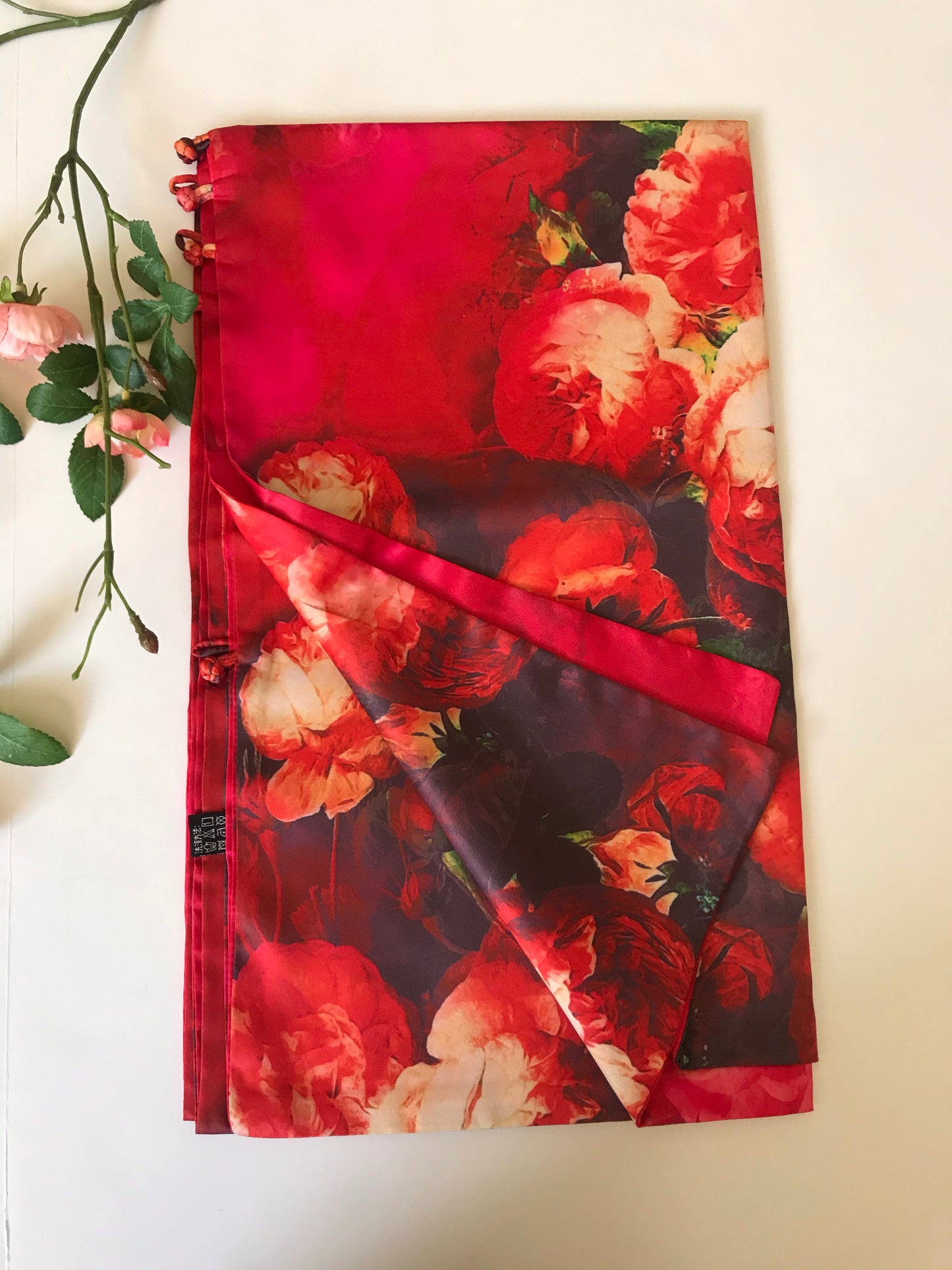 Red floral 100% Silk Satin smooth soft Long double fabric  Scarf with buttons - The Lotus Wave 