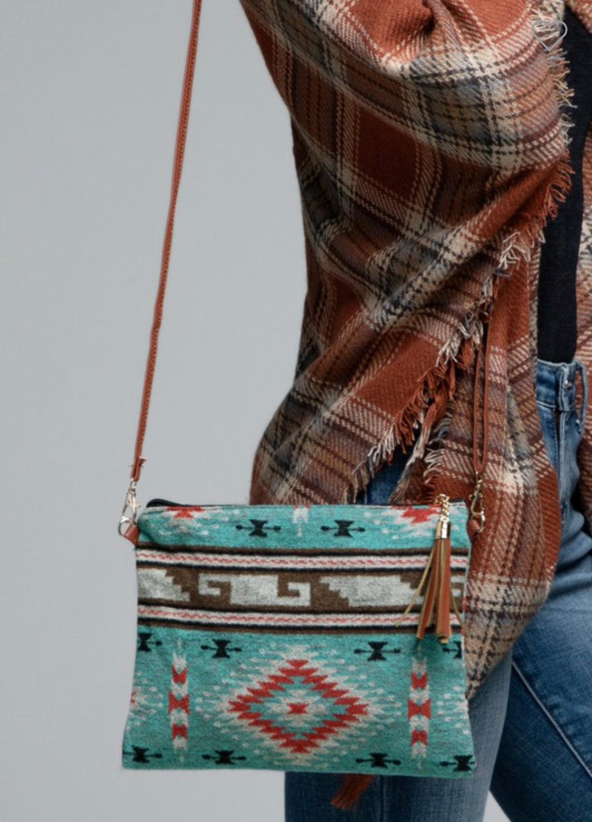 Turquoise western ethnic print with a detachable wristlet strap and tassel crossbody - The Lotus Wave