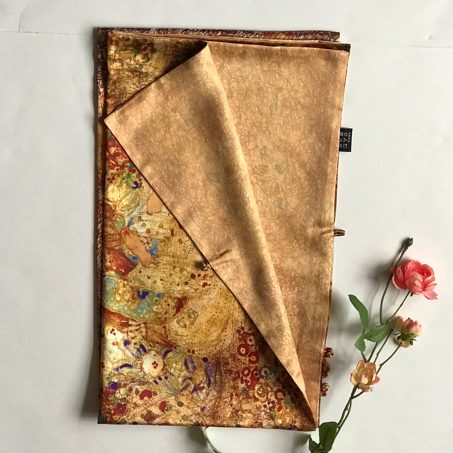 Pink floral 100% Silk Satin smooth soft Long double fabric Scarf with buttons - The Lotus Wave