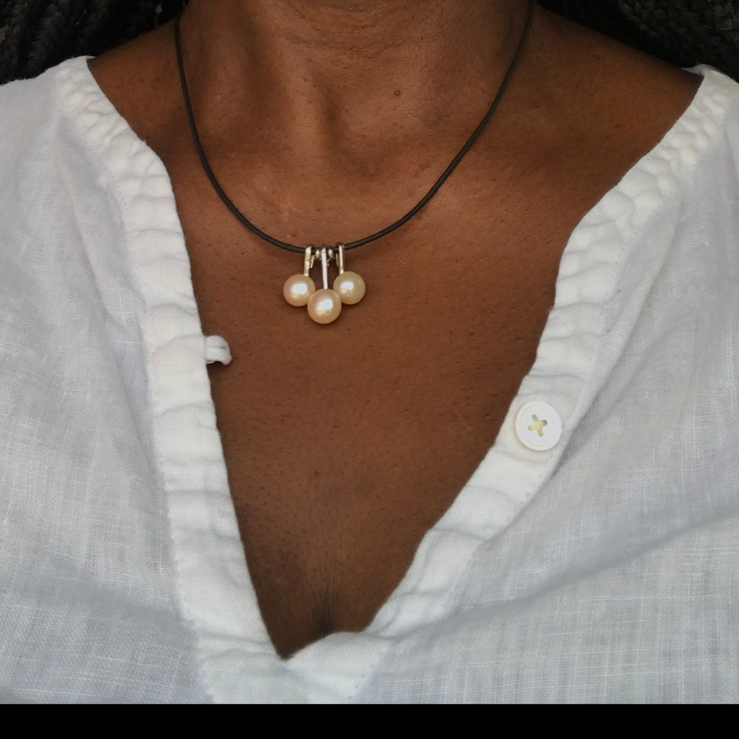 3 pearl necklace on a leather cord necklace - The Lotus Wave
