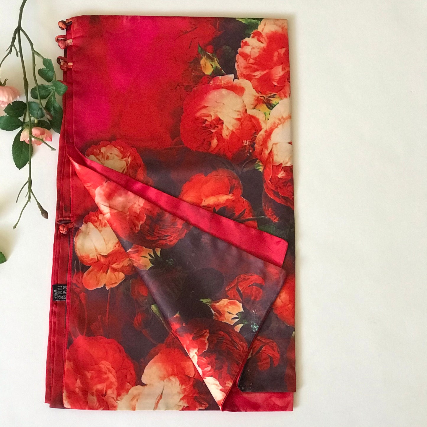 Pink floral 100% Silk Satin smooth soft Long double fabric Scarf with buttons - The Lotus Wave