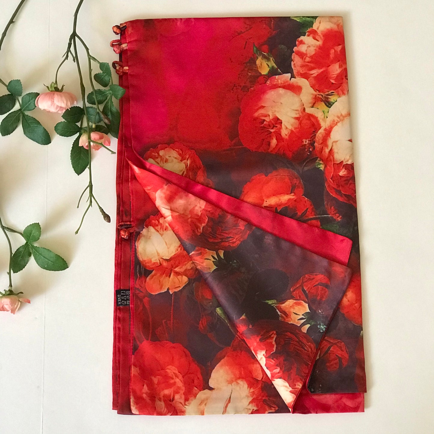 Pink floral 100% Silk Satin smooth soft Long double fabric Scarf with buttons - The Lotus Wave