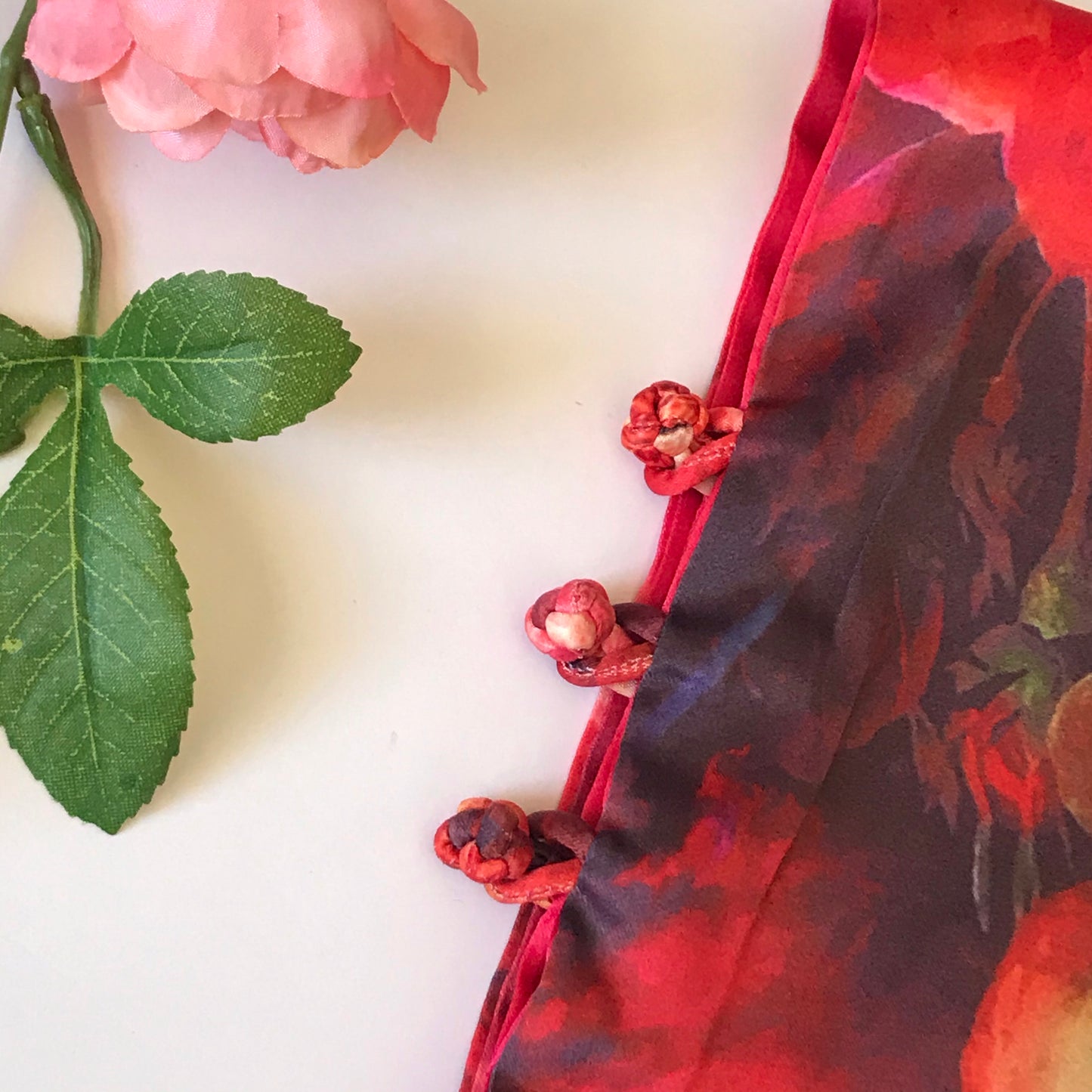 Pink floral 100% Silk Satin smooth soft Long double fabric Scarf with buttons - The Lotus Wave