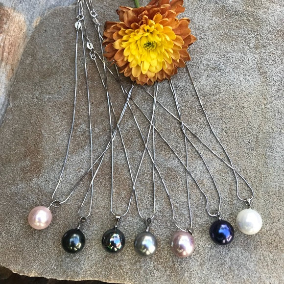 Large black mother of single pearl on silver chain - The Lotus Wave