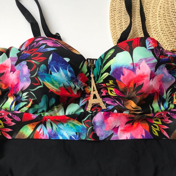 One piece black floral swimsuit Bathingsuit - The Lotus Wave