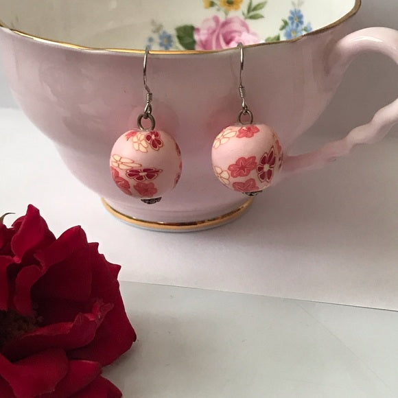 Floral pink red handmade polymer bead earrings - The Lotus Wave