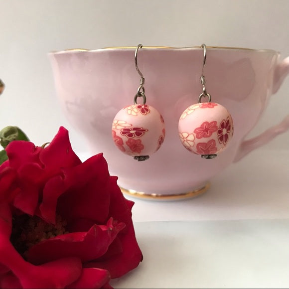 Floral pink red handmade polymer bead earrings - The Lotus Wave