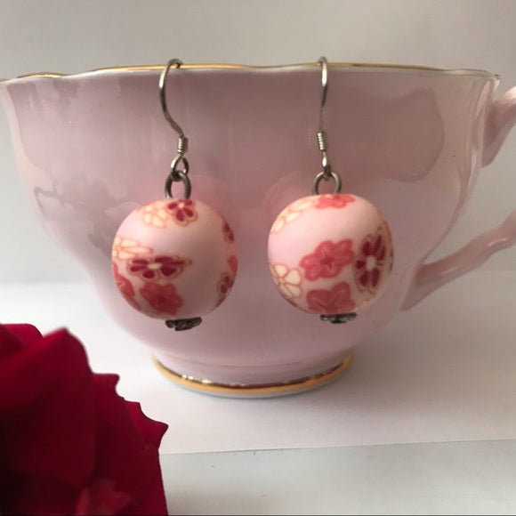 Floral pink red handmade polymer bead earrings - The Lotus Wave