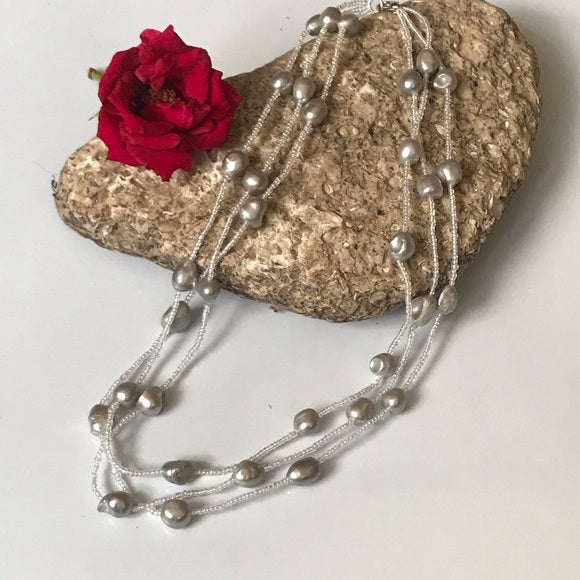 3 strand freshwater pearl w/ glass beads necklace - The Lotus Wave