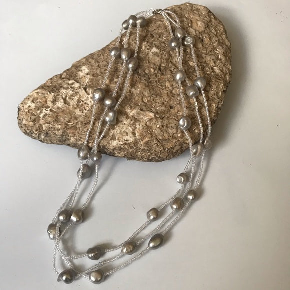 3 strand freshwater pearl w/ glass beads necklace - The Lotus Wave