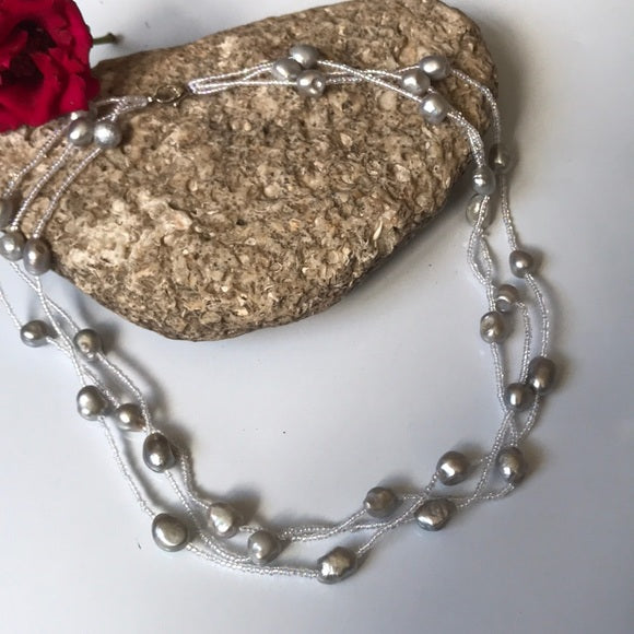3 strand freshwater pearl w/ glass beads necklace - The Lotus Wave