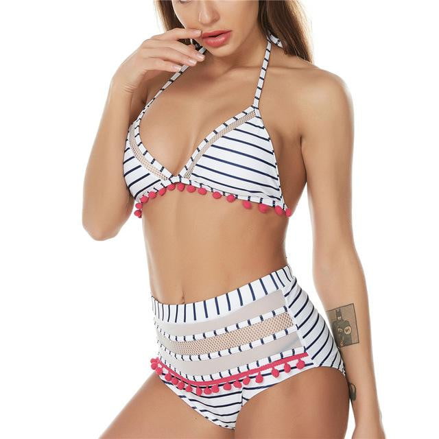 Tassel Mesh insert High Waist bikini swimsuit - The Lotus Wave