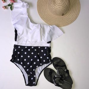 one piece off shoulder ruffled polka dot swimsuit - The Lotus Wave