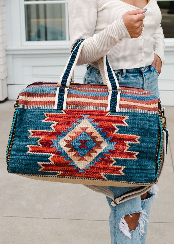 Handmade Ethnic carpet Bag weekender bag women Blue, rust & tan Aztec inspired duffel - The Lotus Wave 