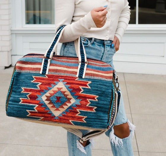 Handmade Ethnic carpet Bag weekender bag women Blue, rust & tan Aztec inspired duffel - The Lotus Wave 