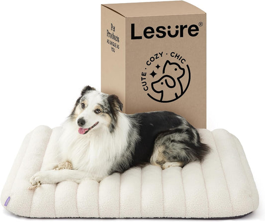 Lesure 4 Inch Thick Orthopedic Foam Dog Bed for Large Dogs, Waterproof Chic Flat Dog Bed with Removable Cover, Cute Fuzzy Pet Beds for Indoor Dogs (36" X 27", Cream)
